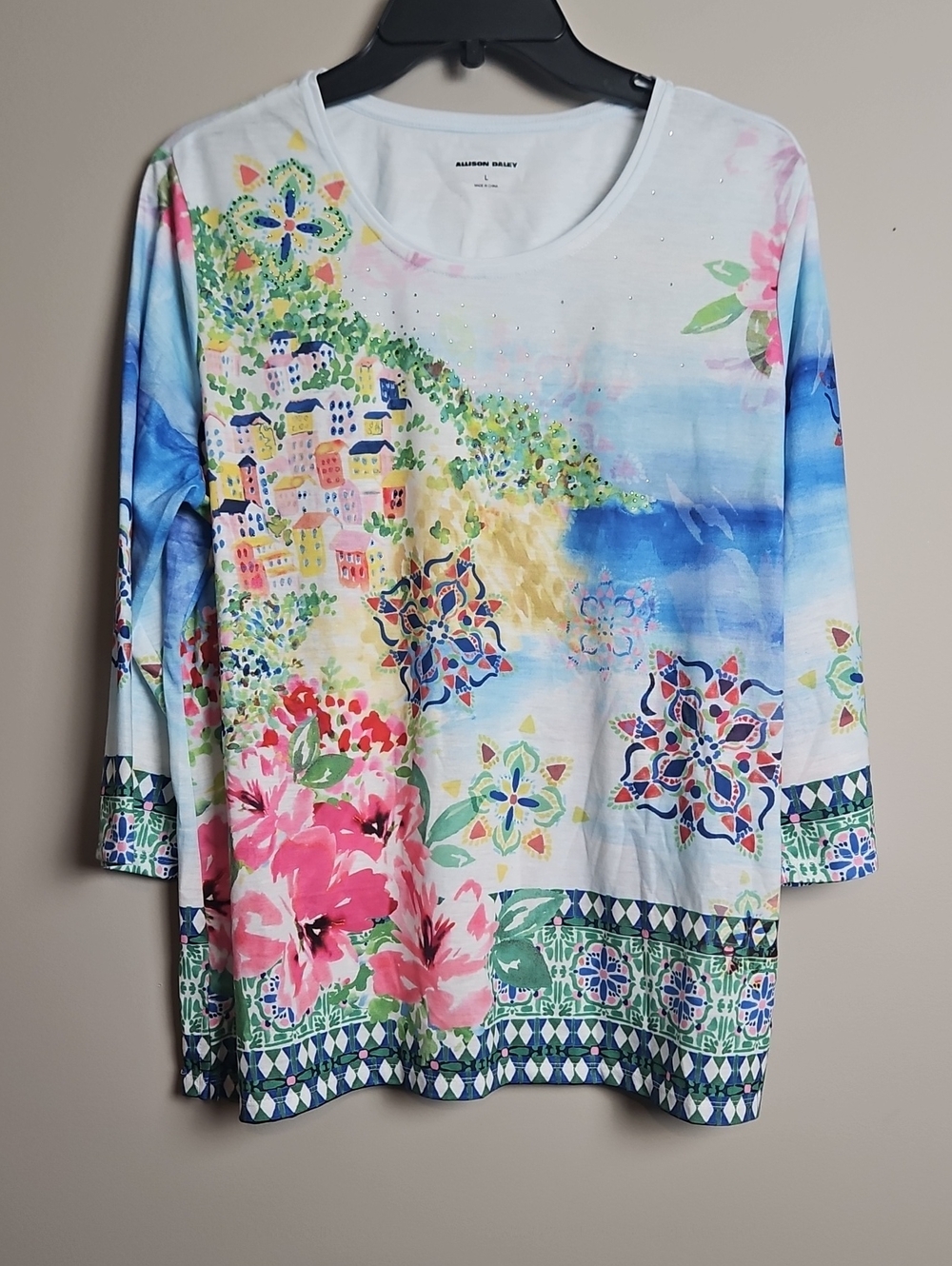 Allison Daley 3/4 Sleeve Crew Neck Tunic: Amalfi Coast Print: Size-Large